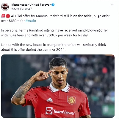 英媒曝料，曼联去年夏窗欲出售拉什福德，巨额工资成转会难题